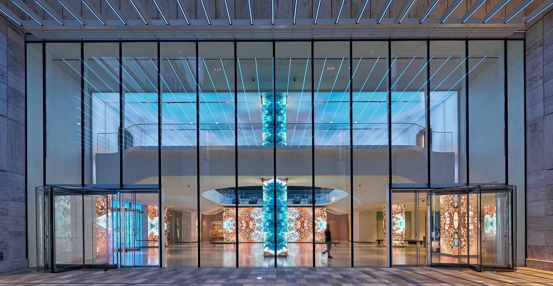 A building with a large glass window.